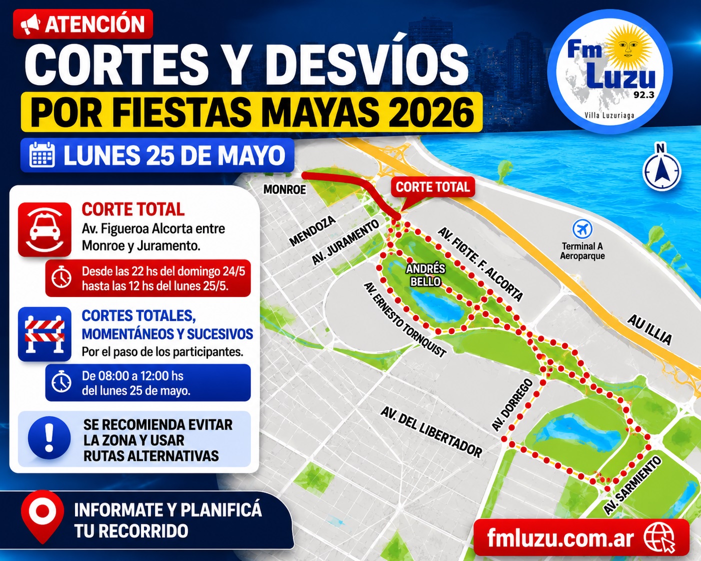 Cortes y desvíos por fiestas mayas 2026