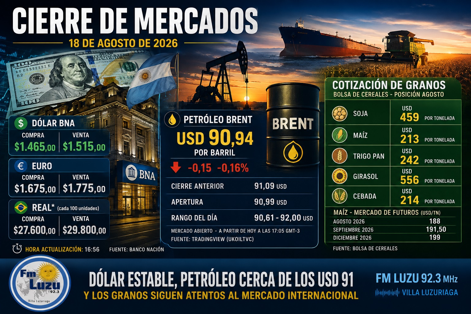 Cierre de mercados del 18 de agosto de 2026 con dólar, petróleo Brent y granos