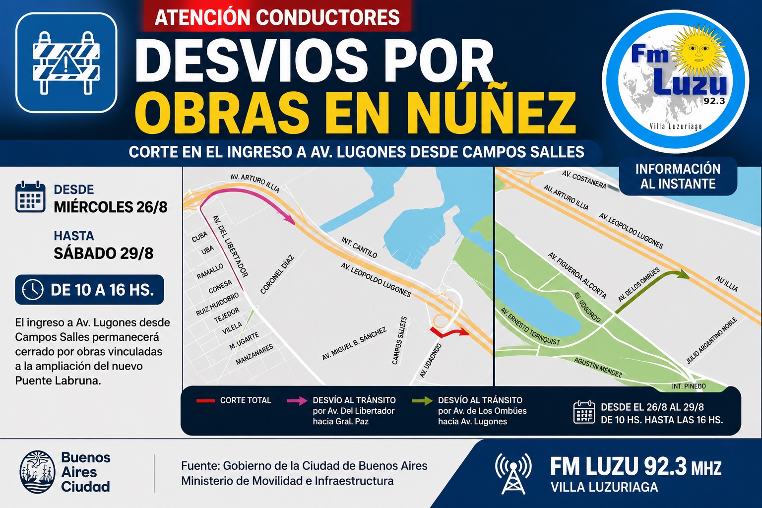 Desvíos por obras en Núñez y corte de ingreso a Av. Lugones desde Campos Salles