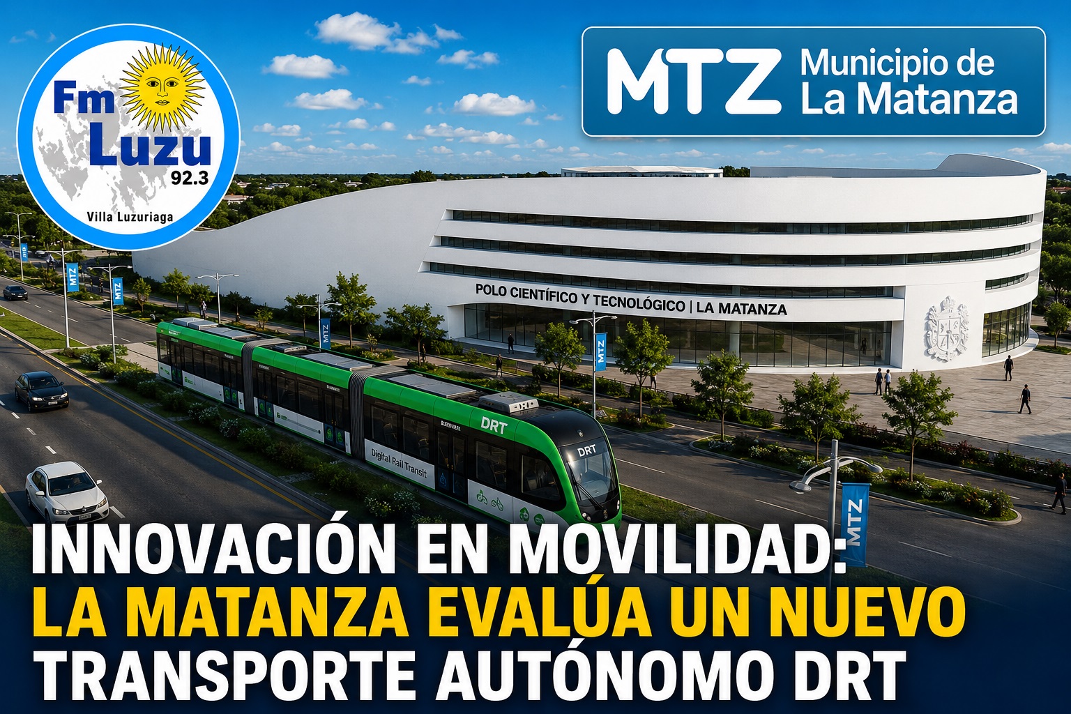 Transporte autónomo DRT en La Matanza frente al Polo Científico y Tecnológico, en una propuesta de movilidad urbana innovadora.