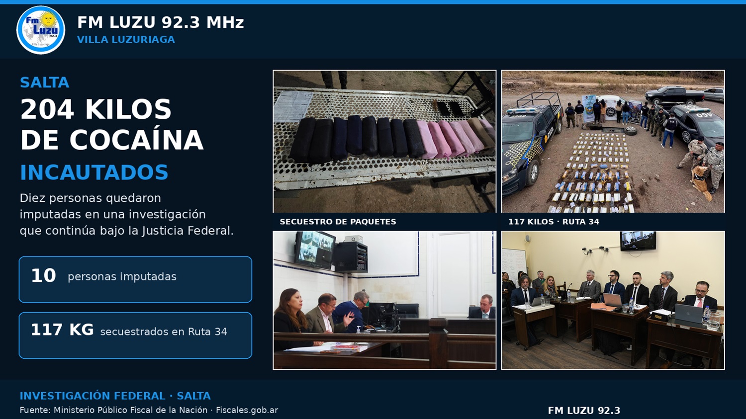 Placa informativa sobre el secuestro de 204 kilos de cocaína y la imputación de diez personas en Salta.