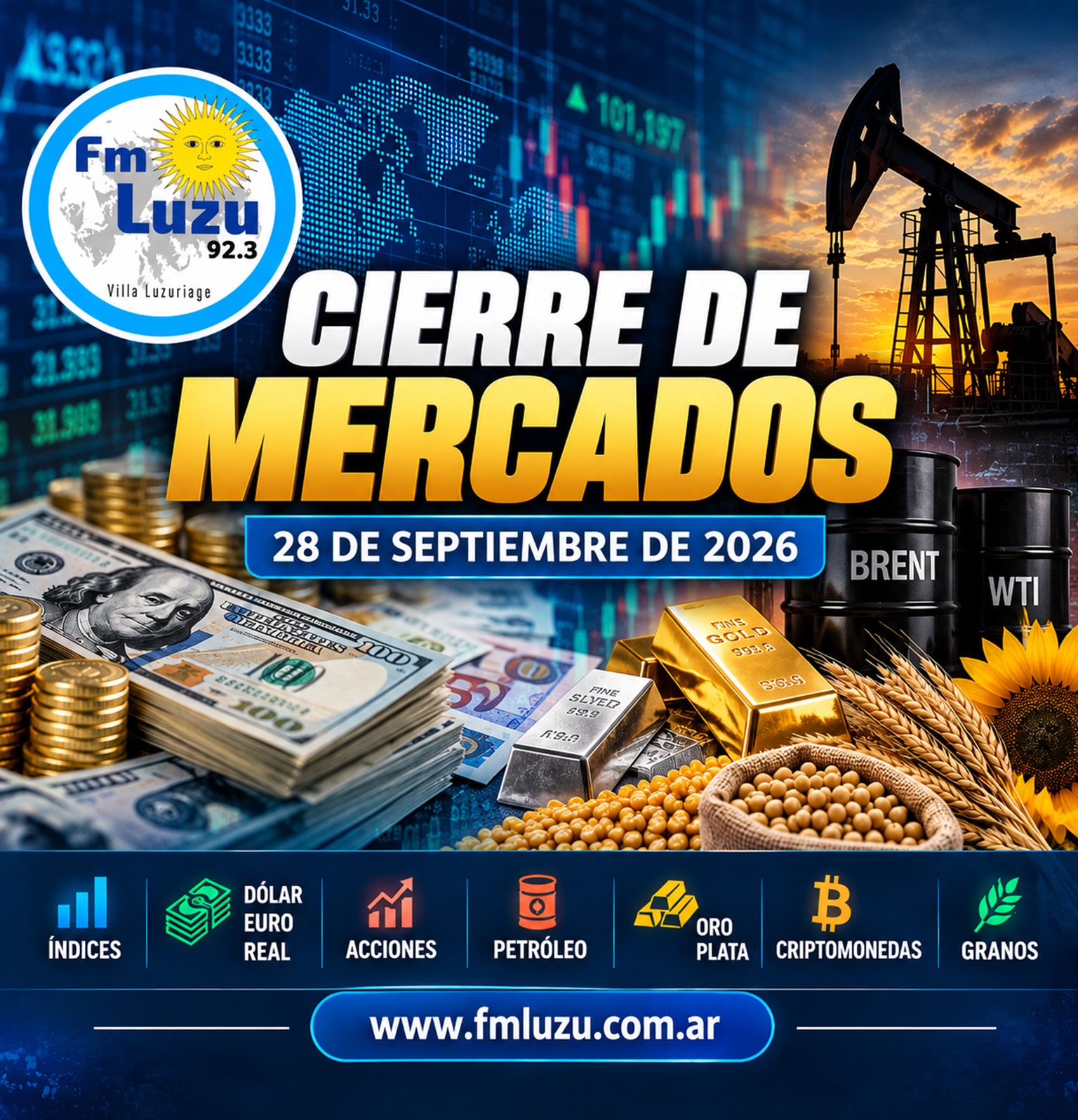 Cierre de mercados 28 de septiembre de 2026 con dólar, acciones, petróleo, oro, plata, criptomonedas y granos – FM LUZU 92.3 MHz