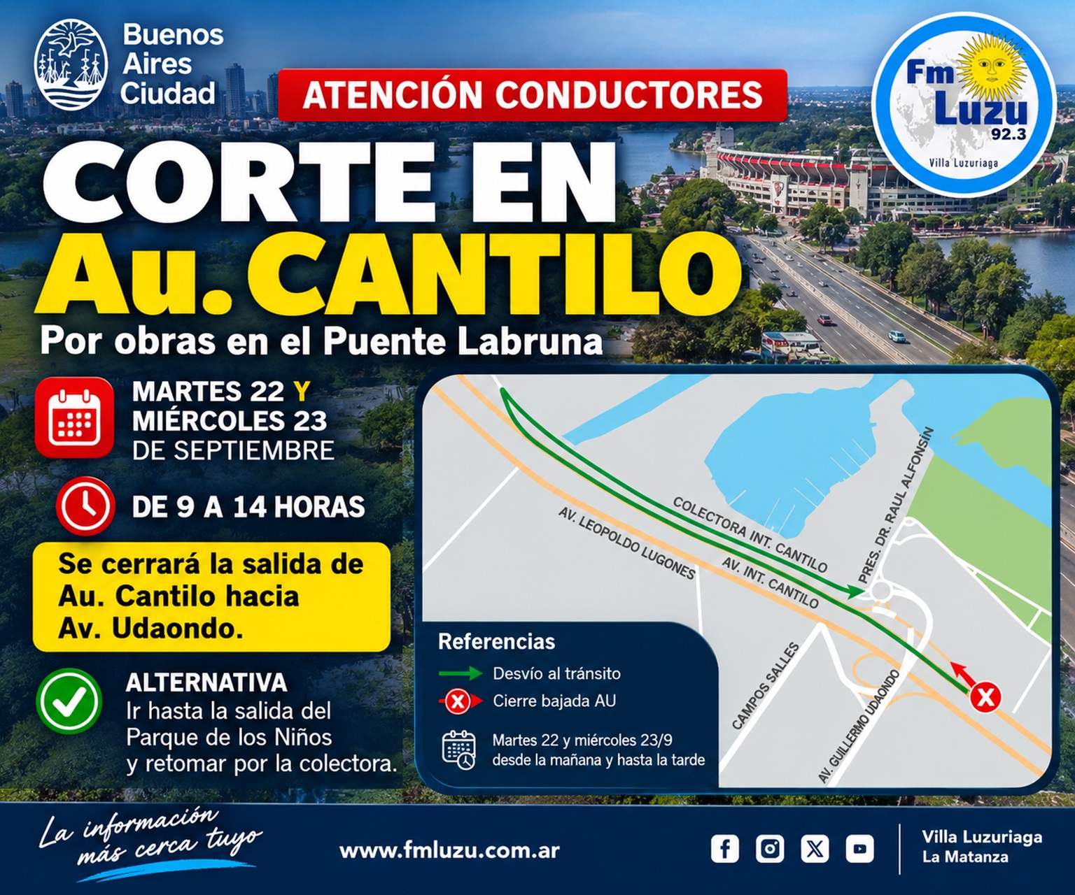 Corte en Au. Cantilo hacia Av. Udaondo por obras en el Puente Labruna