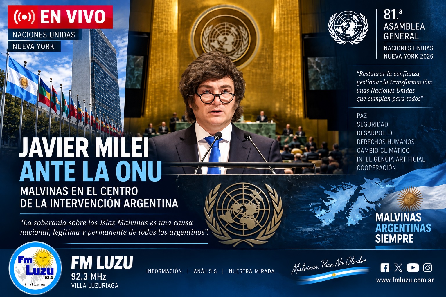 Javier Milei ante la ONU durante la 81.ª Asamblea General con Malvinas como eje de la intervención argentina