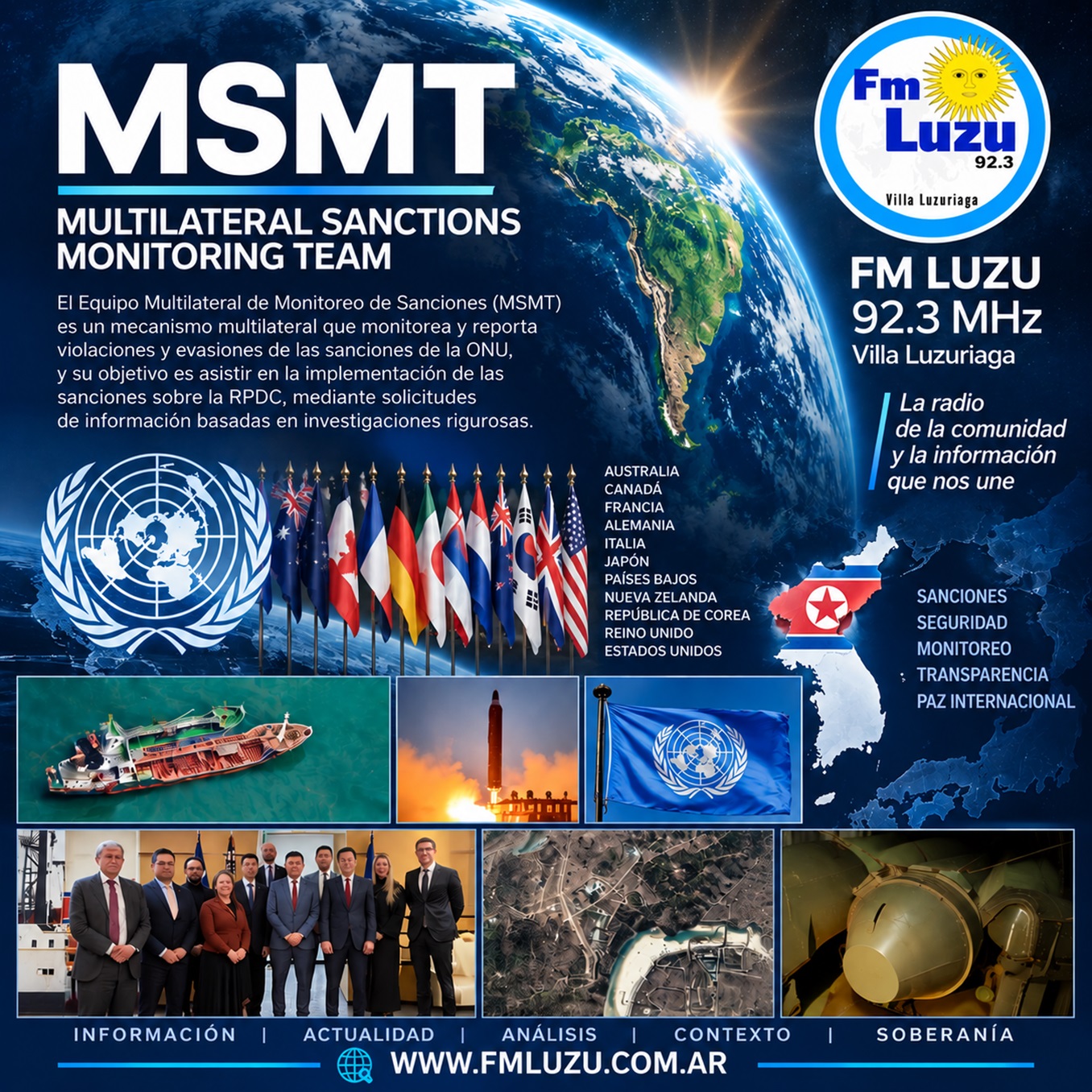Placa de FM LUZU sobre el MSMT, Equipo Multilateral de Monitoreo de Sanciones, con la ONU, banderas de países participantes, Corea del Norte y elementos de geopolítica internacional.