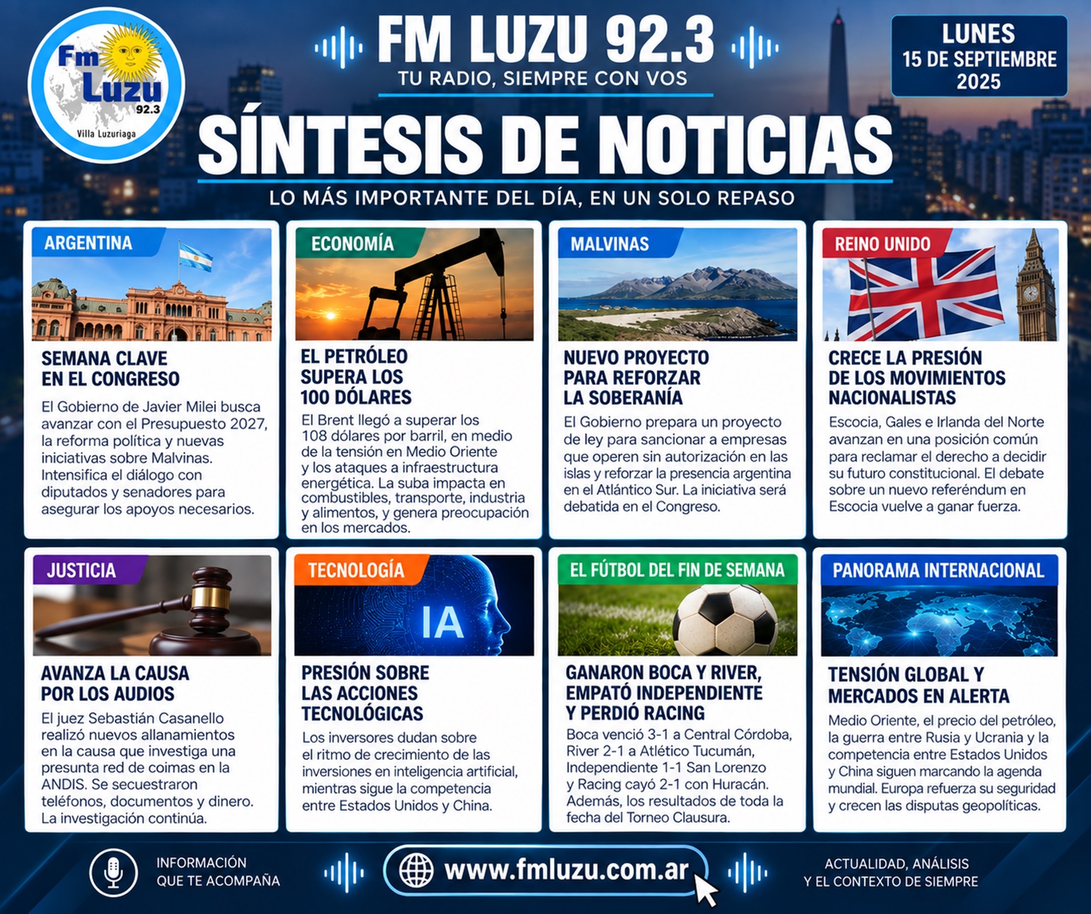 Síntesis de noticias de FM LUZU 92.3 con información de Argentina, economía, Malvinas, Reino Unido, justicia, tecnología, fútbol argentino y panorama internacional.