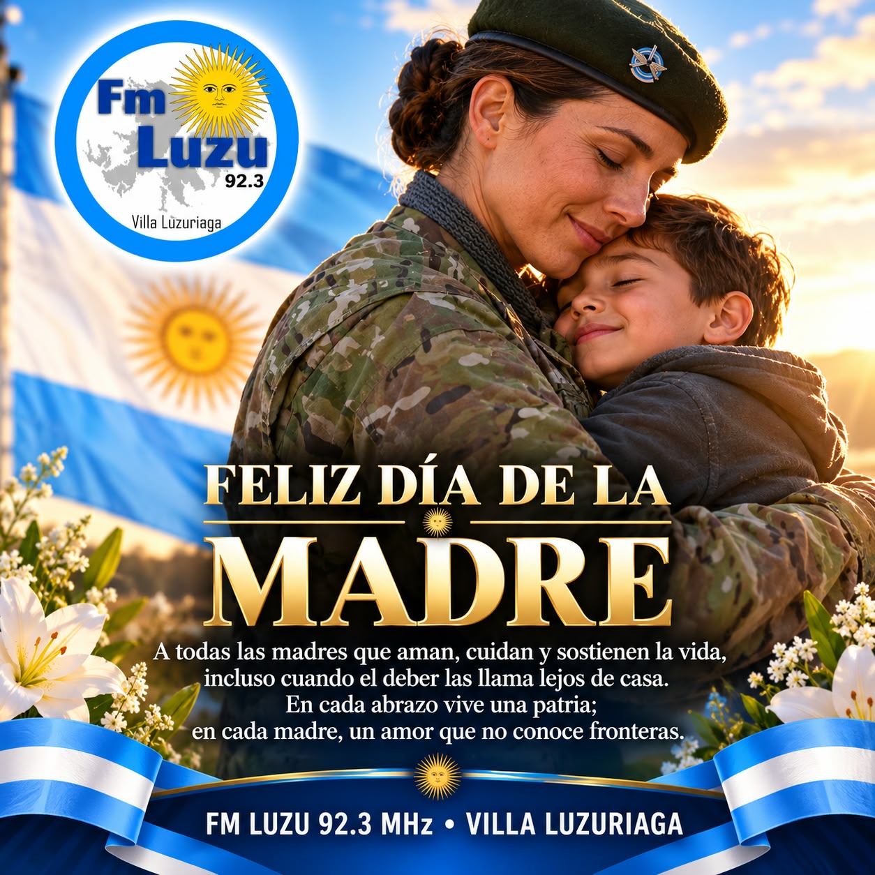 Madre militar abrazando a su hijo frente a la bandera argentina, en una emotiva placa por el Día de la Madre de FM LUZU 92.3.
