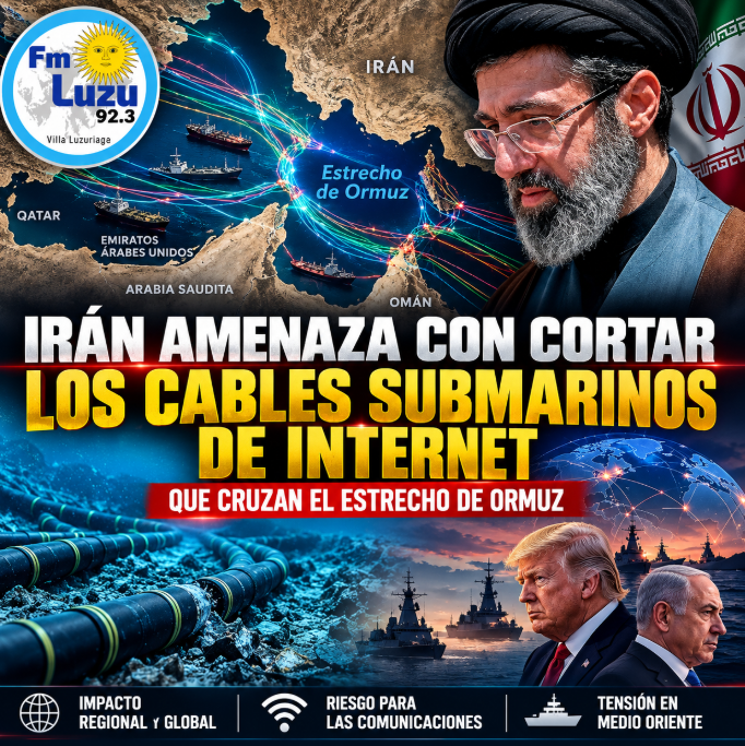 Placa informativa sobre la amenaza iraní de atacar los cables submarinos de internet en el estrecho de Ormuz.