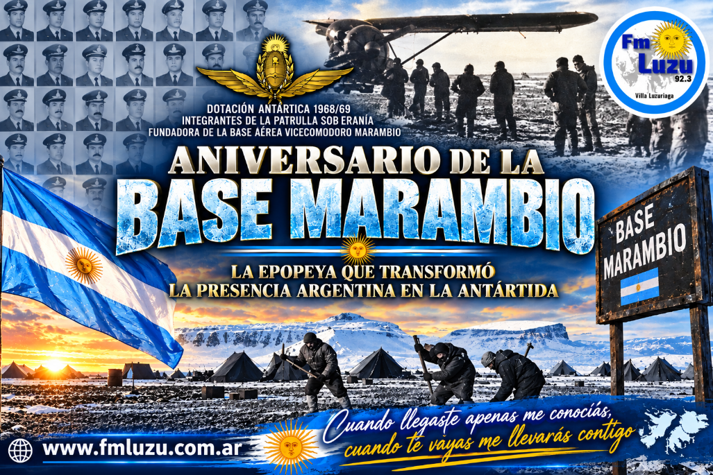 Placa conmemorativa del aniversario de la Base Marambio, la Patrulla Soberanía de 1968/69 y la epopeya argentina en la Antártida, con el mensaje “Cuando llegaste apenas me conocías, cuando te vayas me llevarás contigo”.
