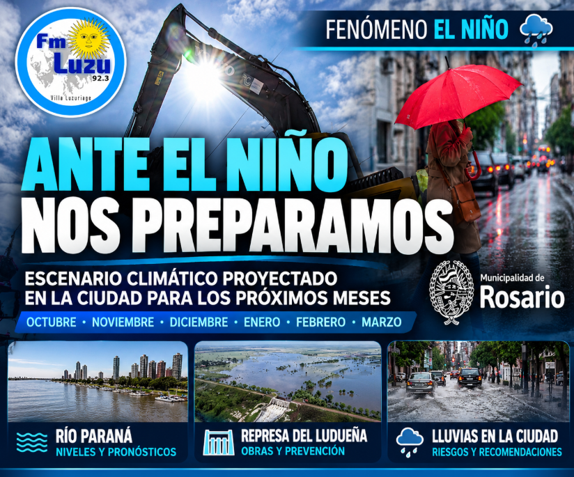 Placa informativa sobre el fenómeno El Niño y la preparación de Rosario ante las lluvias intensas, con imágenes del río Paraná, la represa del Ludueña y el riesgo de inundaciones.