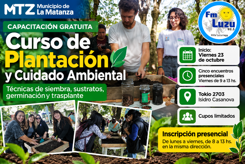 Curso gratuito de plantación y cuidado ambiental en Isidro Casanova, La Matanza, con prácticas de siembra y preparación de sustratos.