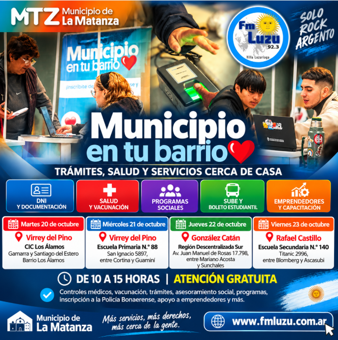 Placa de Municipio en tu barrio en La Matanza del 20 al 23 de octubre de 2026, con trámites gratuitos, atención de salud, vacunación y servicios sociales. FM LUZU 92.3.