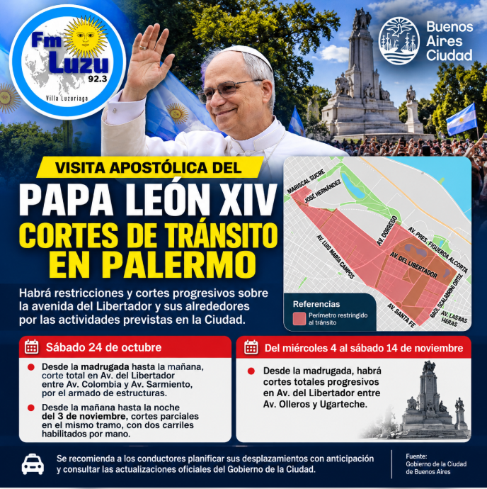 Cortes de tránsito en Palermo por la visita apostólica del papa León XIV, con mapa de las zonas restringidas y logo de FM LUZU 92.3.