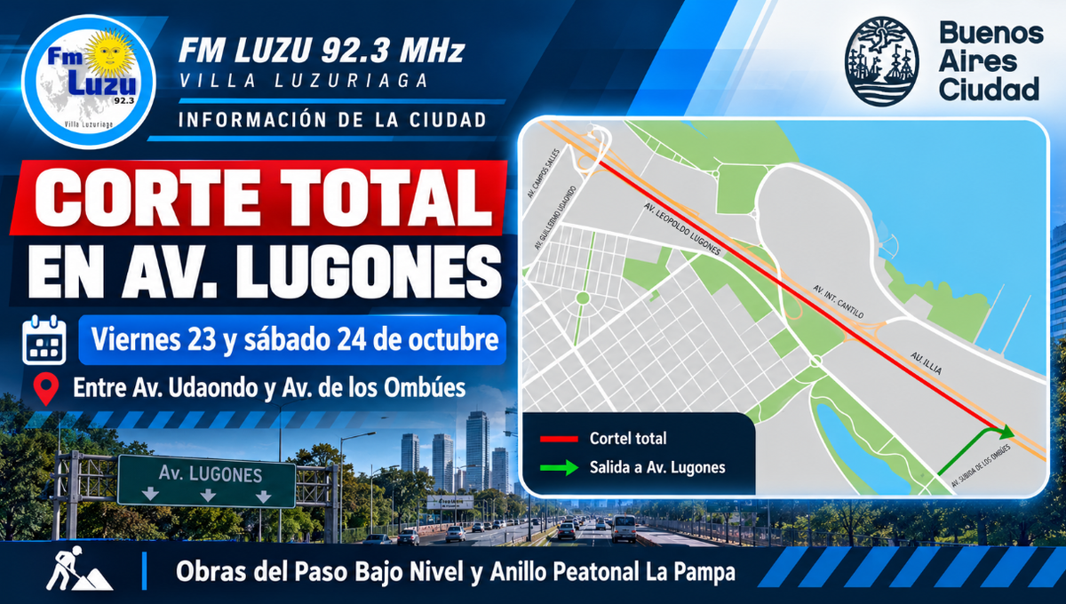 Placa informativa de FM LUZU 92.3 sobre el corte total de la avenida Lugones por obras del Anillo Peatonal La Pampa, con mapa del tramo afectado y desvíos.