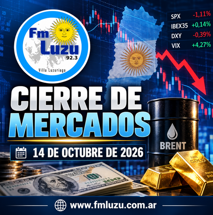 Placa de cierre de mercados del 14 de octubre de 2026 de FM LUZU 92.3, con gráficos bursátiles, petróleo Brent, oro y el sitio www.fmluzu.com.ar.