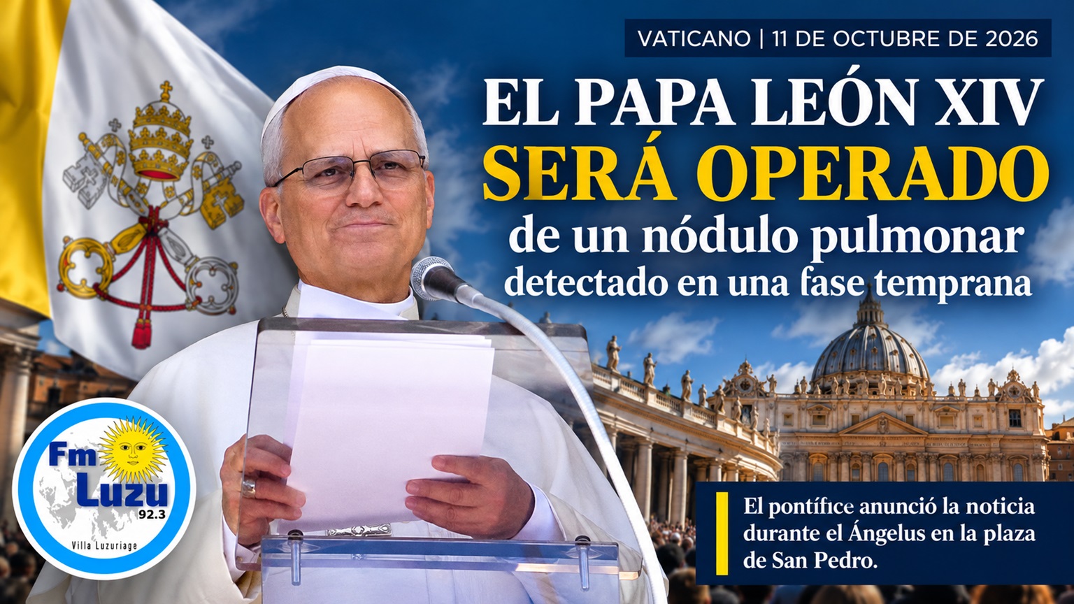 El papa León XIV anuncia una intervención quirúrgica por un nódulo pulmonar durante el Ángelus del 11 de octubre de 2026. Placa informativa de FM LUZU 92.3 MHz.