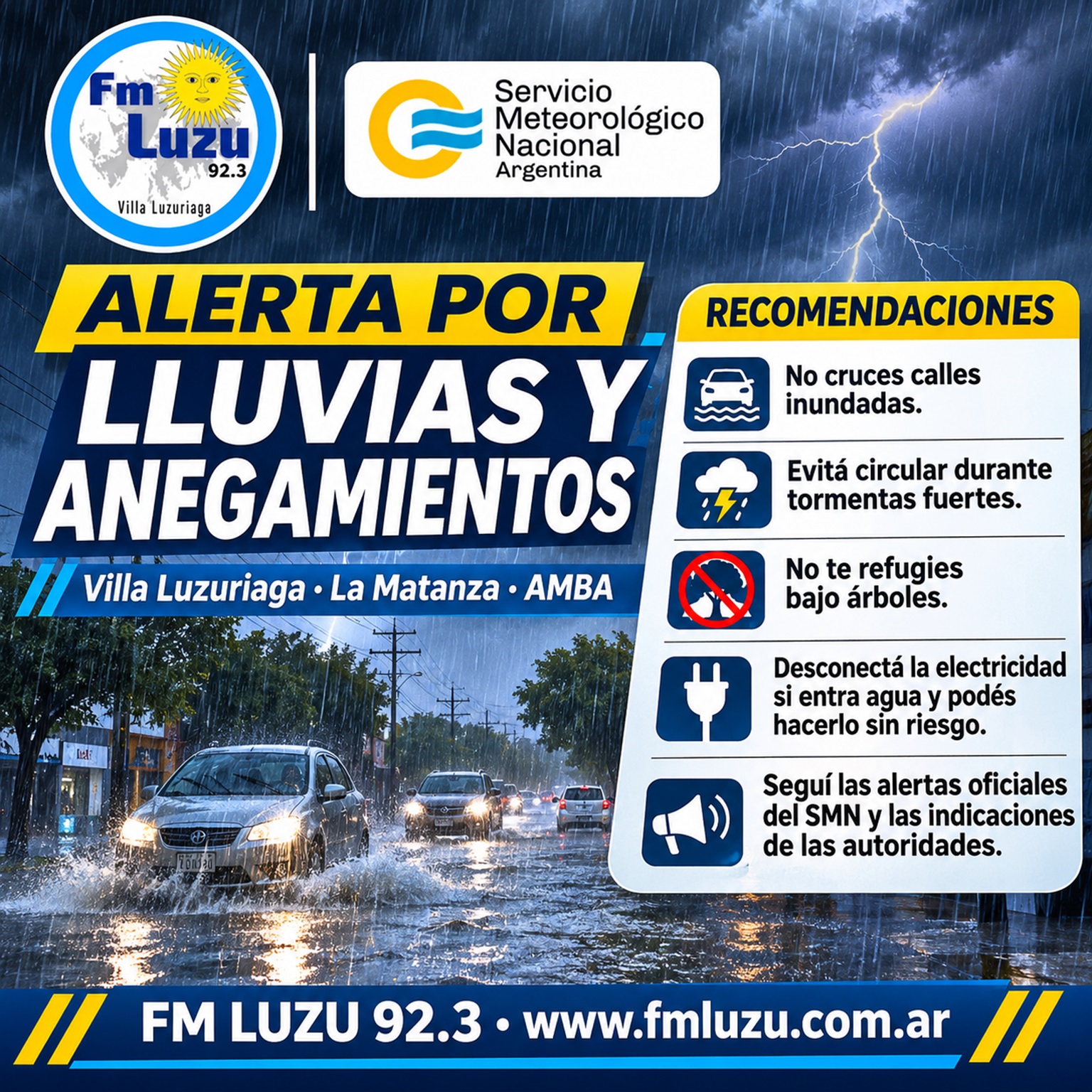 Placa preventiva de FM LUZU 92.3 sobre lluvias y anegamientos en Villa Luzuriaga, La Matanza y el AMBA, con recomendaciones de seguridad ante tormentas e inundaciones.