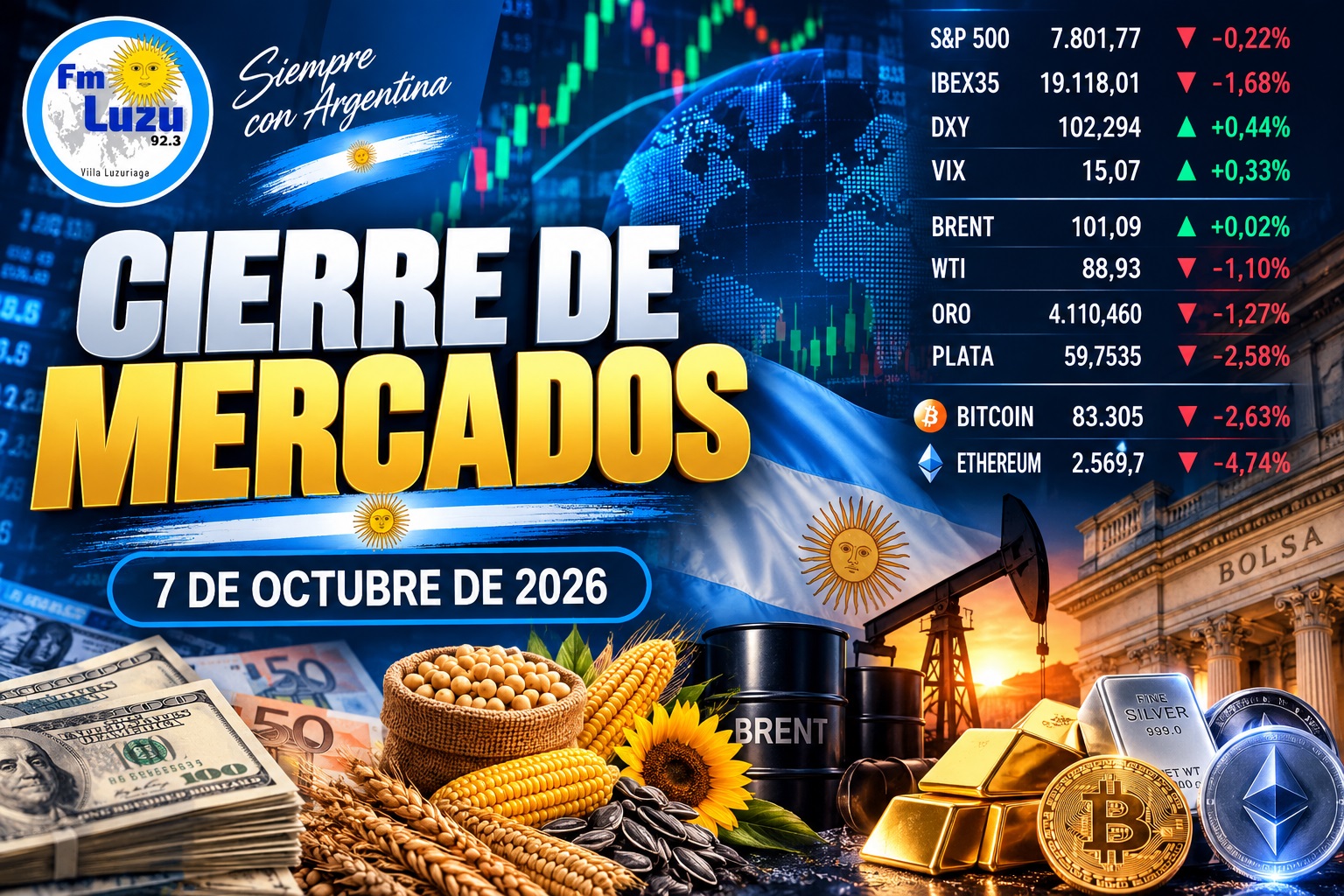 Cierre de mercados del 7 de octubre de 2026 con riesgo país, dólar, petróleo Brent, granos y mercados internacionales