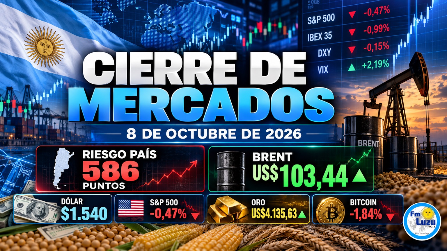 Cierre de mercados del 8 de octubre de 2026 con riesgo país, dólar y petróleo Brent