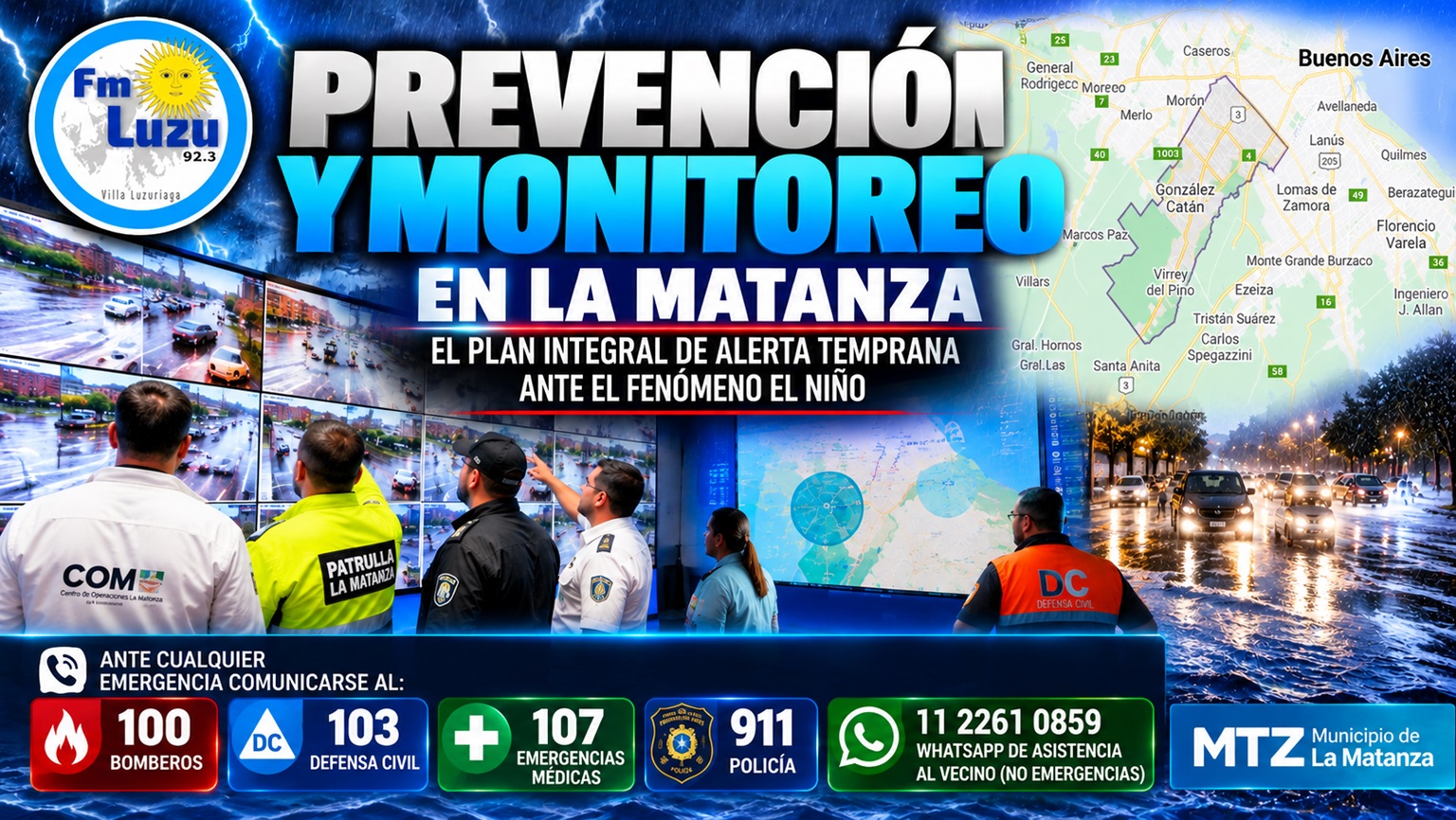 Prevención y monitoreo en La Matanza ante el fenómeno El Niño, con mapa del distrito y teléfonos de emergencia.